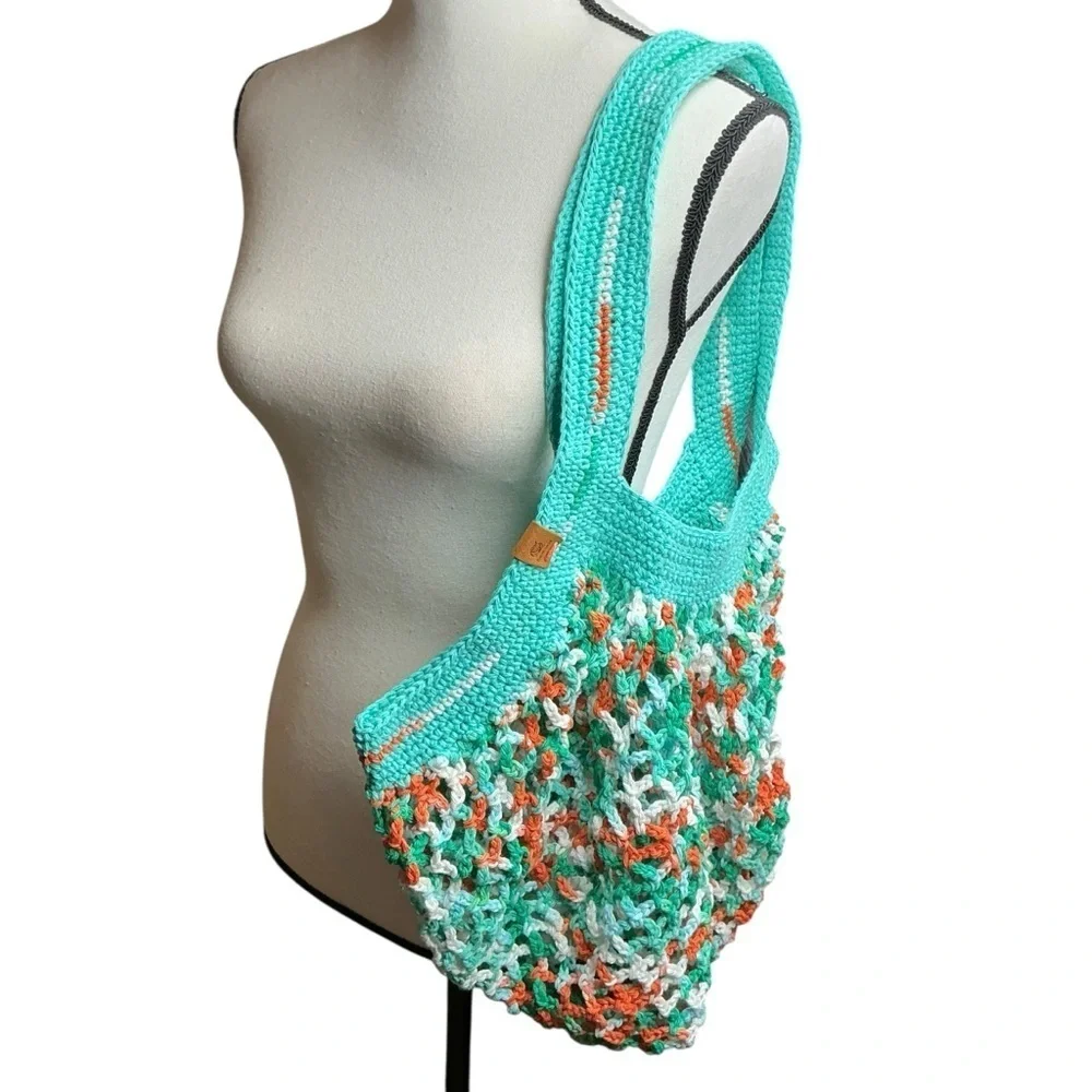 Large‎ Crochet Mesh Market Bag Teal White Cotton Handcrafted Handmade Reusable